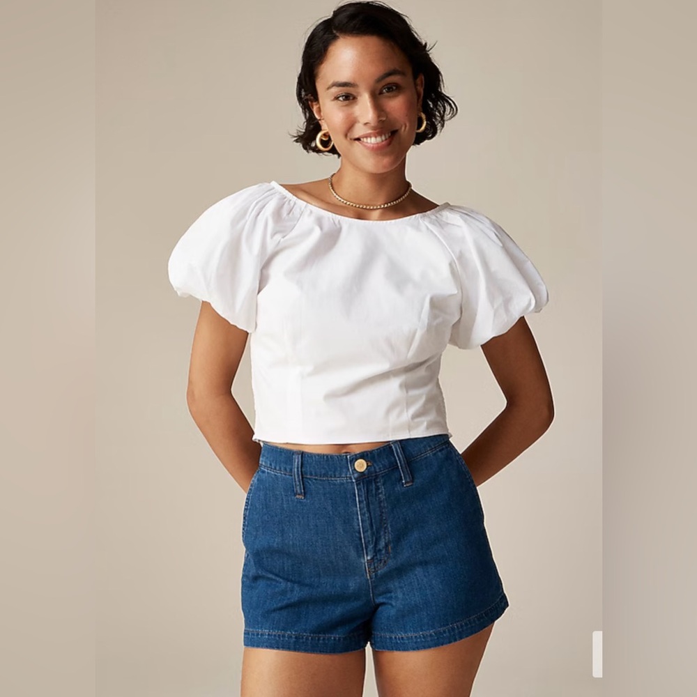 NWT J.Crew Sizes 0, 4,8 White Fitted Puff-sleeve Top-Smocking back